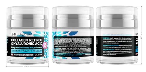 SimplyVital Collagen, Retinol & Hyaluronic Acid Cream - Anti-Aging Face Moisturizer for Face, Firming Skin Care Neck & Décolleté - Made in USA, Daily Moisturizer Face Cream Day & Night - 1.7 fl.oz.