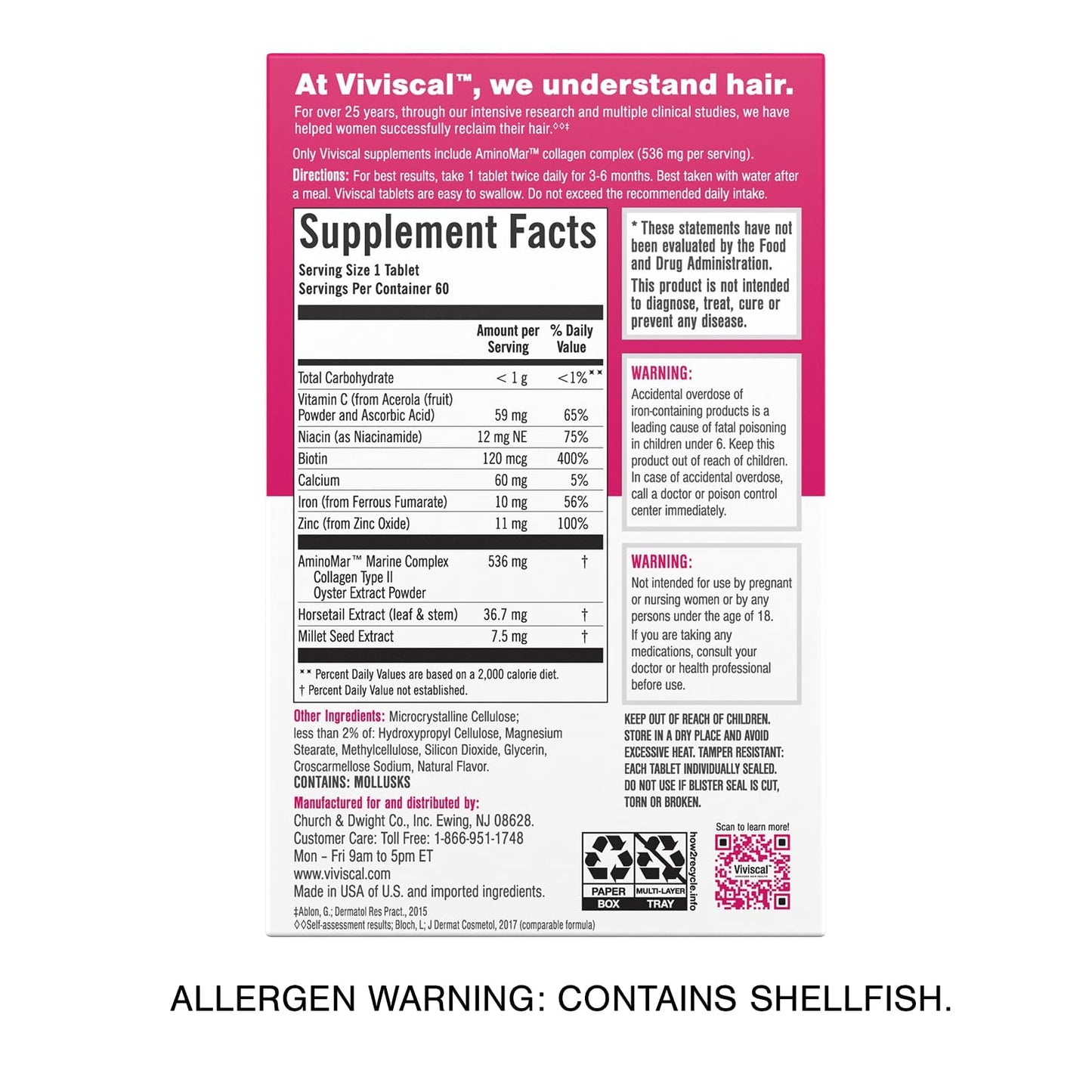 Viviscal Women's Hair Growth Supplement – Nourish Thinning Hair and Increase Hair Thickness – With AminoMar Collagen, Biotin, Zinc, Vitamin C, and Iron – 60 Tablets (30-Day Supply)