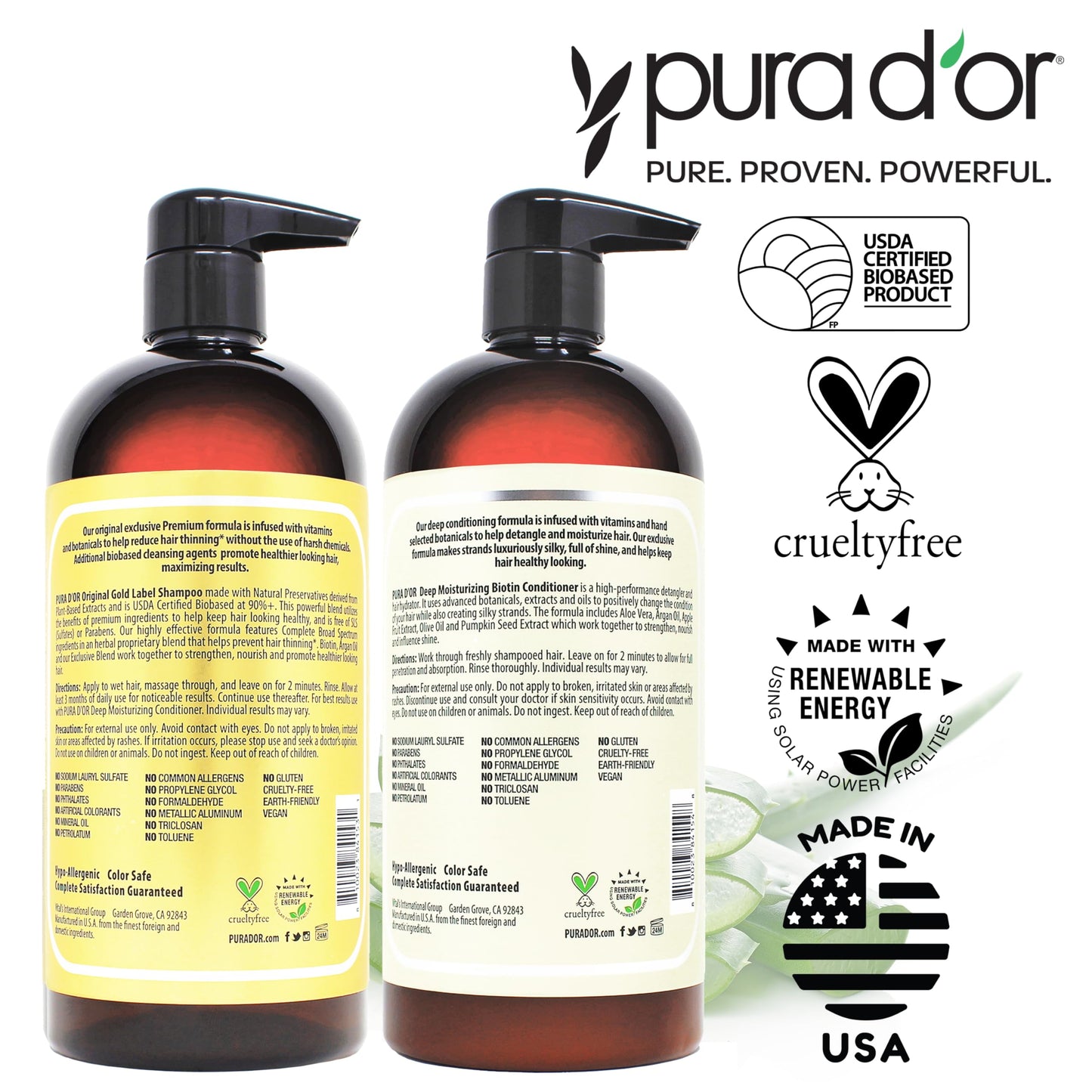 PURA D'OR Anti-Thinning Biotin Shampoo & Deep Moisturizing Conditioner Original Gold Label Set (16oz x2) Natural Earthy Scent, CLINICALLY TESTED Effective Results, Hair Thickening Product, Women & Men