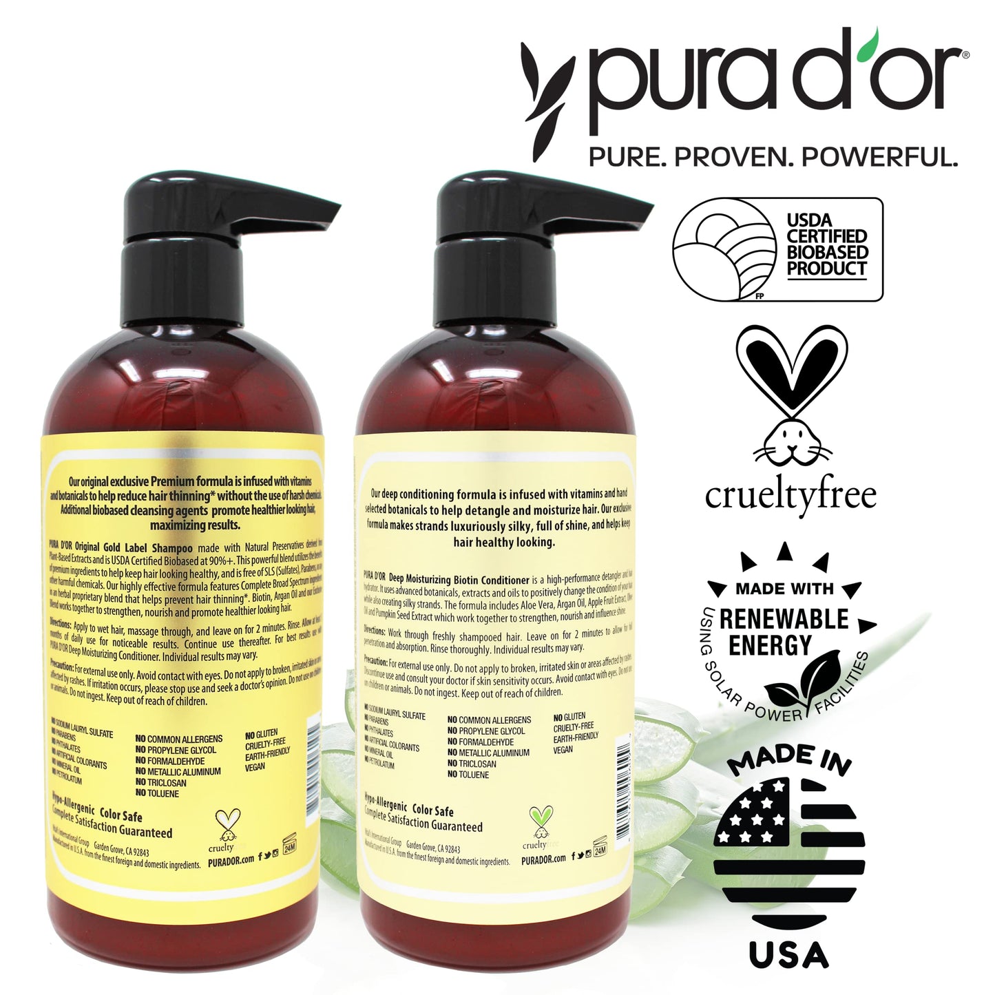 PURA D'OR Anti-Thinning Biotin Shampoo & Deep Moisturizing Conditioner Original Gold Label Set (16oz x2) Natural Earthy Scent, CLINICALLY TESTED Effective Results, Hair Thickening Product, Women & Men