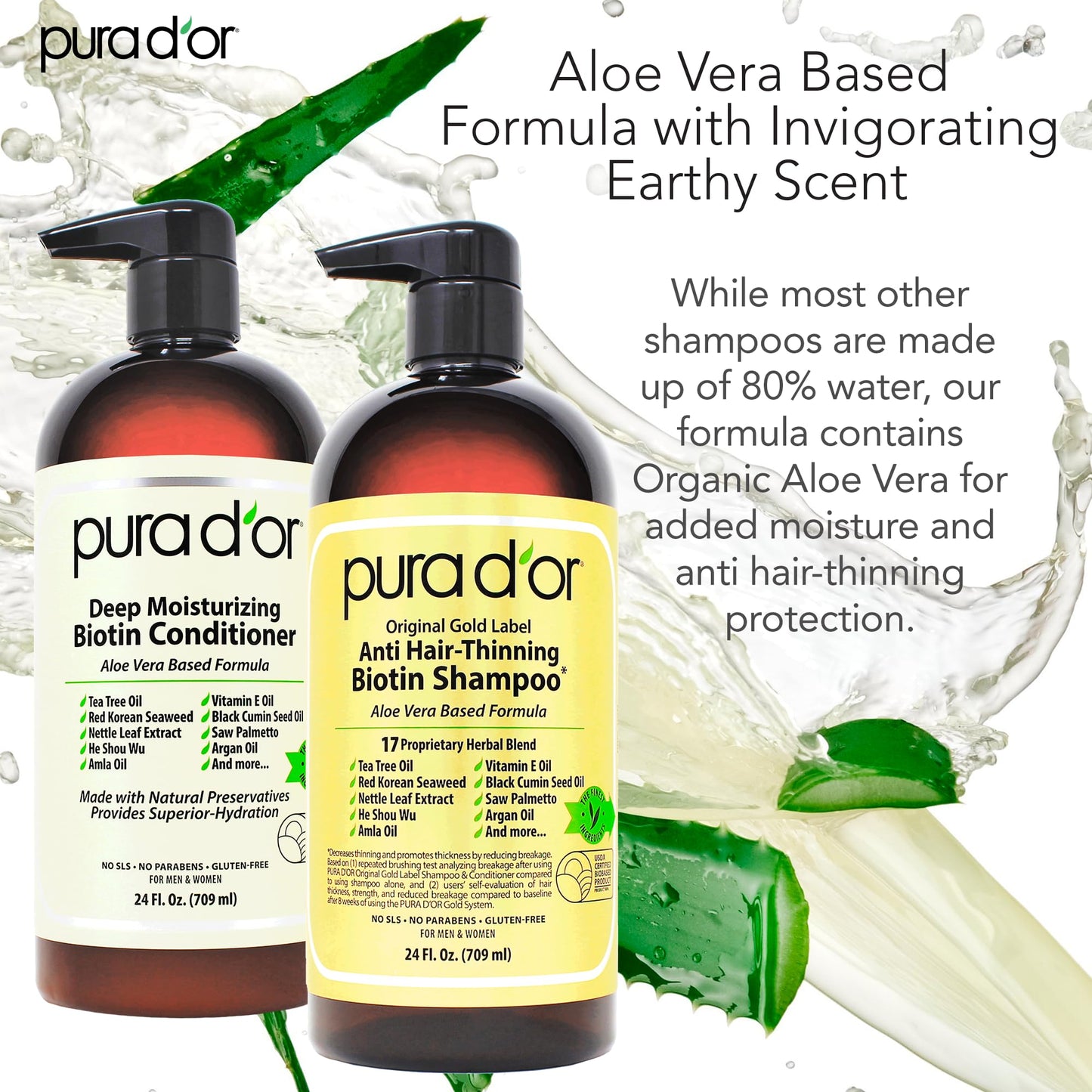 PURA D'OR Anti-Thinning Biotin Shampoo & Deep Moisturizing Conditioner Original Gold Label Set (16oz x2) Natural Earthy Scent, CLINICALLY TESTED Effective Results, Hair Thickening Product, Women & Men