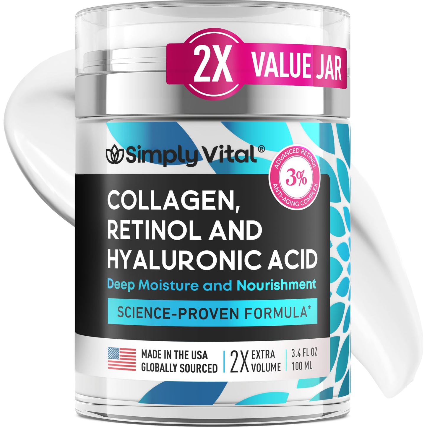 SimplyVital Collagen, Retinol & Hyaluronic Acid Cream - Anti-Aging Face Moisturizer for Face, Firming Skin Care Neck & Décolleté - Made in USA, Daily Moisturizer Face Cream Day & Night - 1.7 fl.oz.