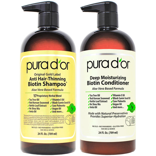PURA D'OR Anti-Thinning Biotin Shampoo & Deep Moisturizing Conditioner Original Gold Label Set (16oz x2) Natural Earthy Scent, CLINICALLY TESTED Effective Results, Hair Thickening Product, Women & Men